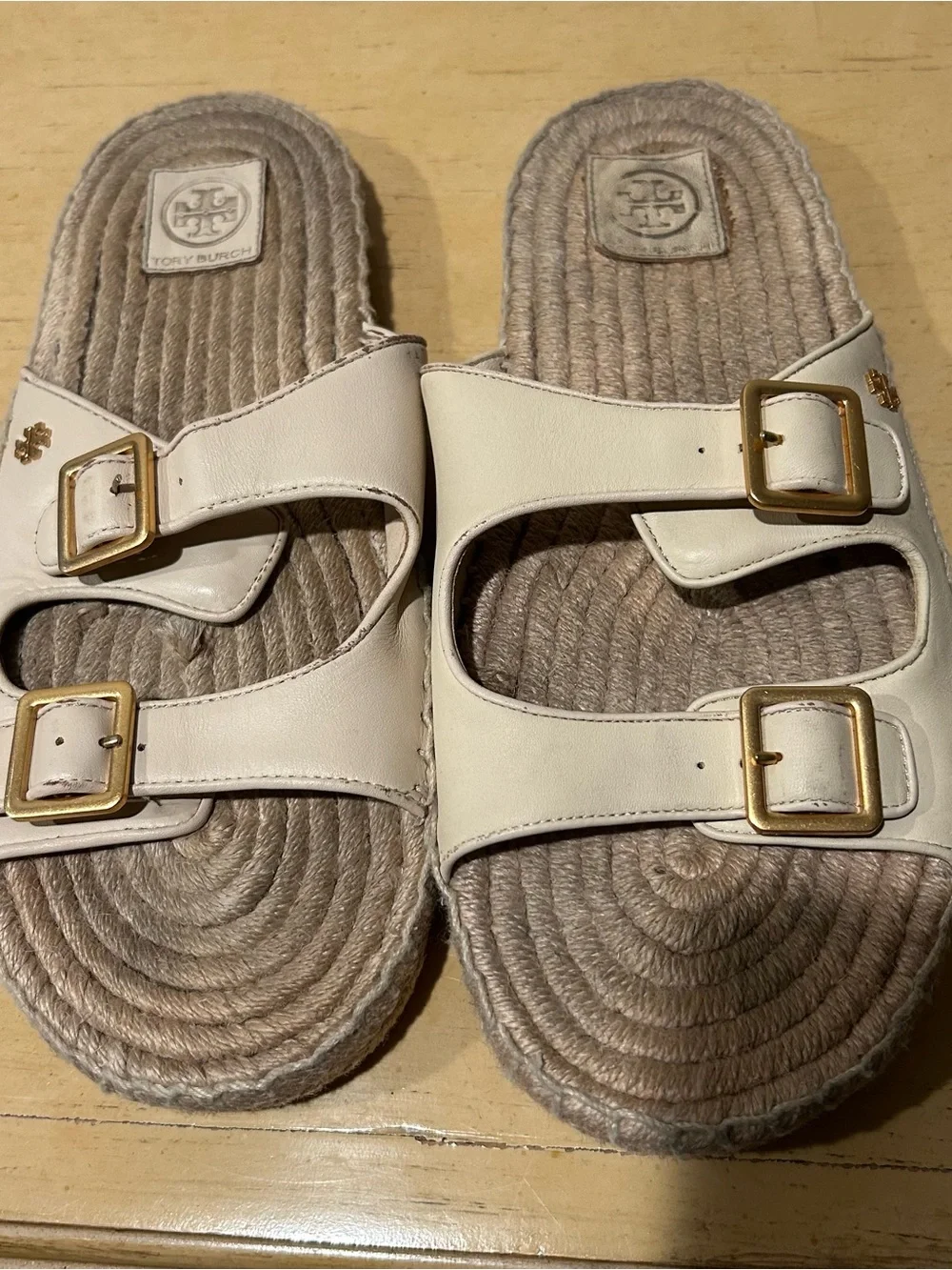 Tory Burch cream leather double buckle slide espadrilles in size 11